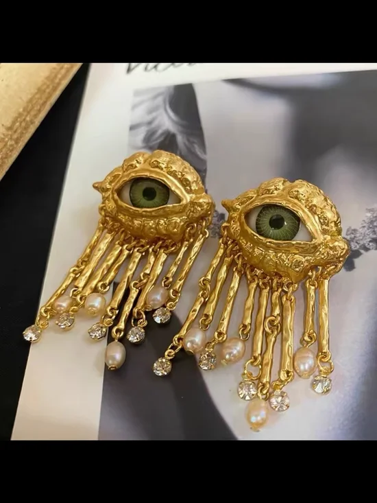 Gold Eye Drop Earrings with Green Iris and Pink Pearls - Picture 4 of 7